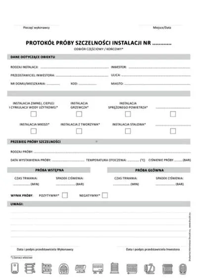 Protokół szczelności instalacji CO